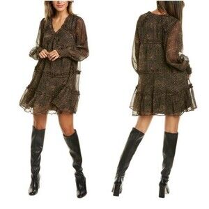 NWT Walter Baker Nala Gabriella Dress Leopard Animal Print‎ Tiered Ruffle Large